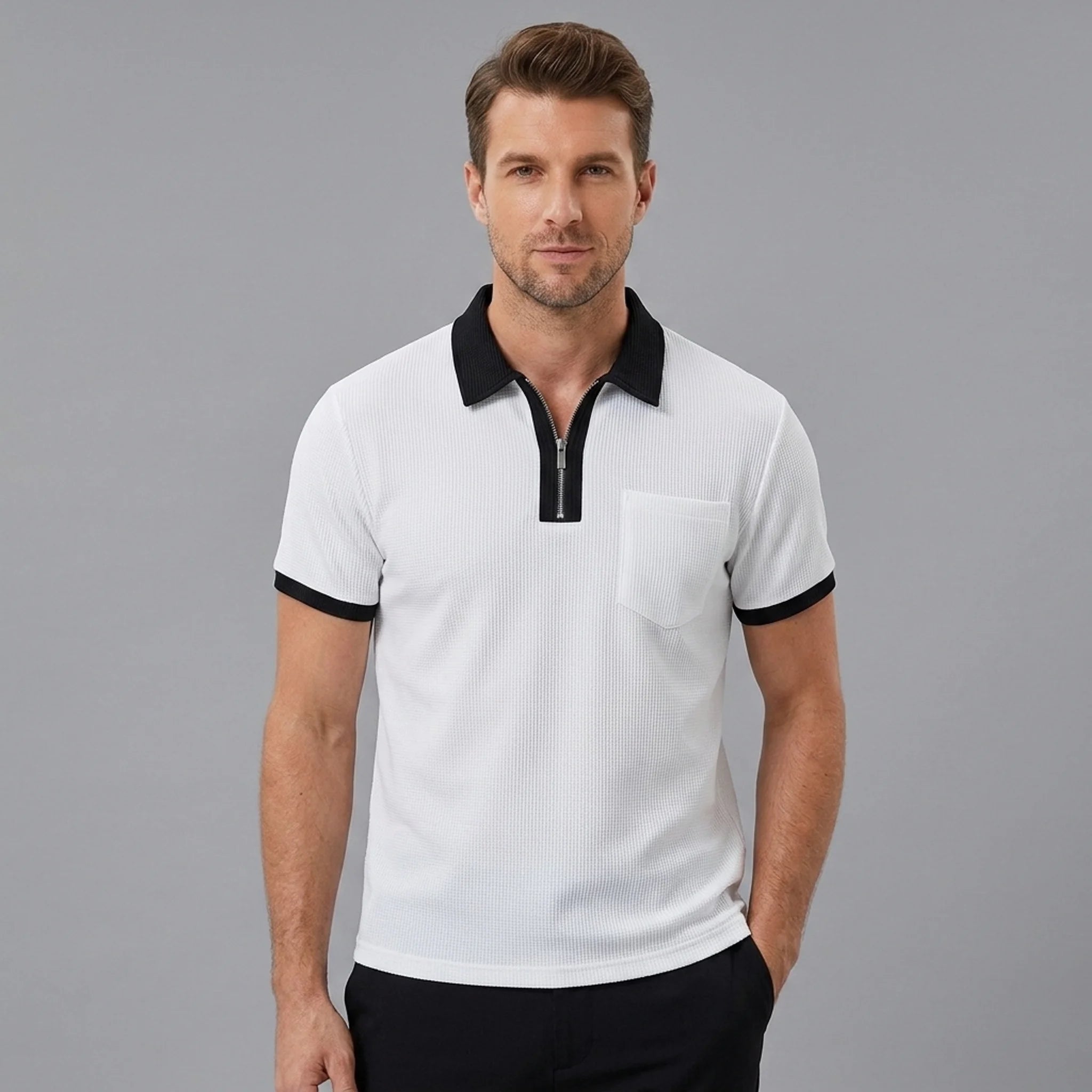 Man wearing a white color block waffle polo shirt front view on plain background