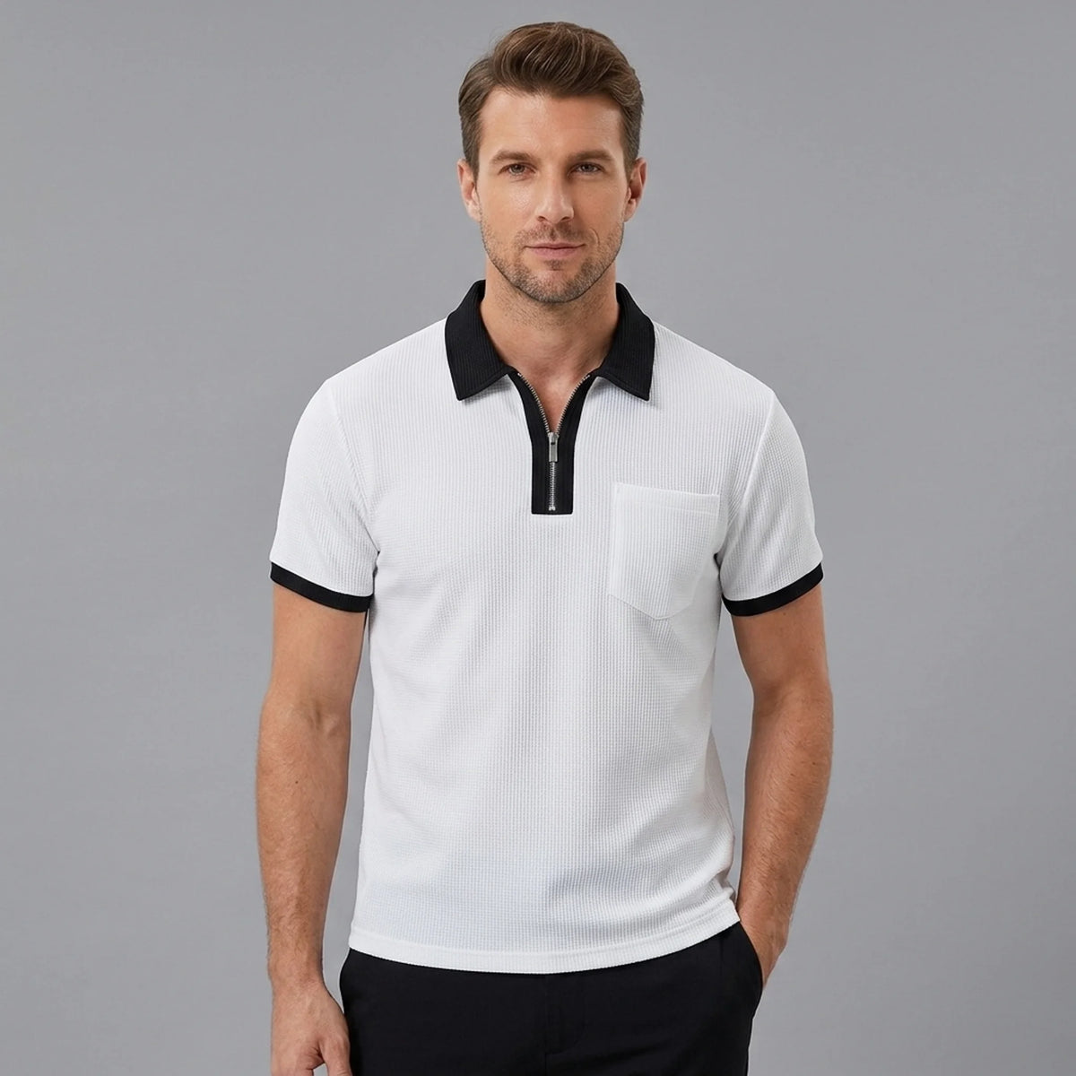 Man wearing a white color block waffle polo shirt front view on plain background