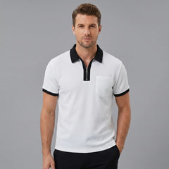 Man wearing a white color block waffle polo shirt front view on plain background