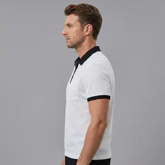 Side view of man in white color block waffle polo shirt on plain background