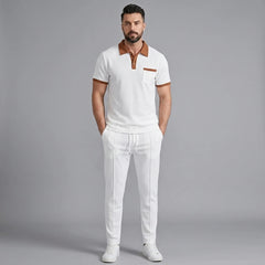 Color Block Waffle Polo & Straight Leg Pants – 2 Piece Smart Casual Outfit