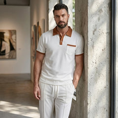 Color Block Waffle Polo & Straight Leg Pants – 2 Piece Smart Casual Outfit