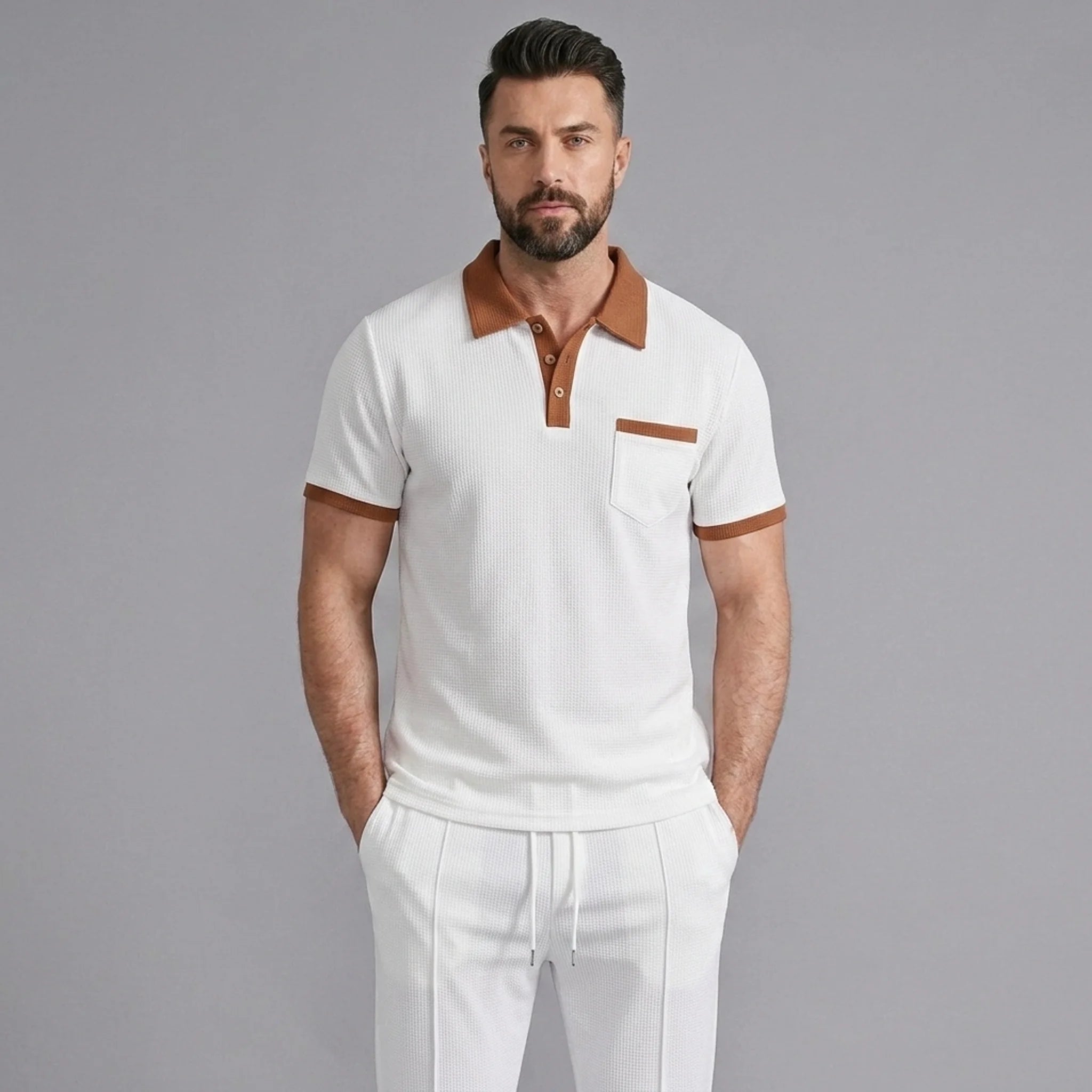 Man wearing white color block waffle polo and straight leg pants in outdoor lifestyle setting