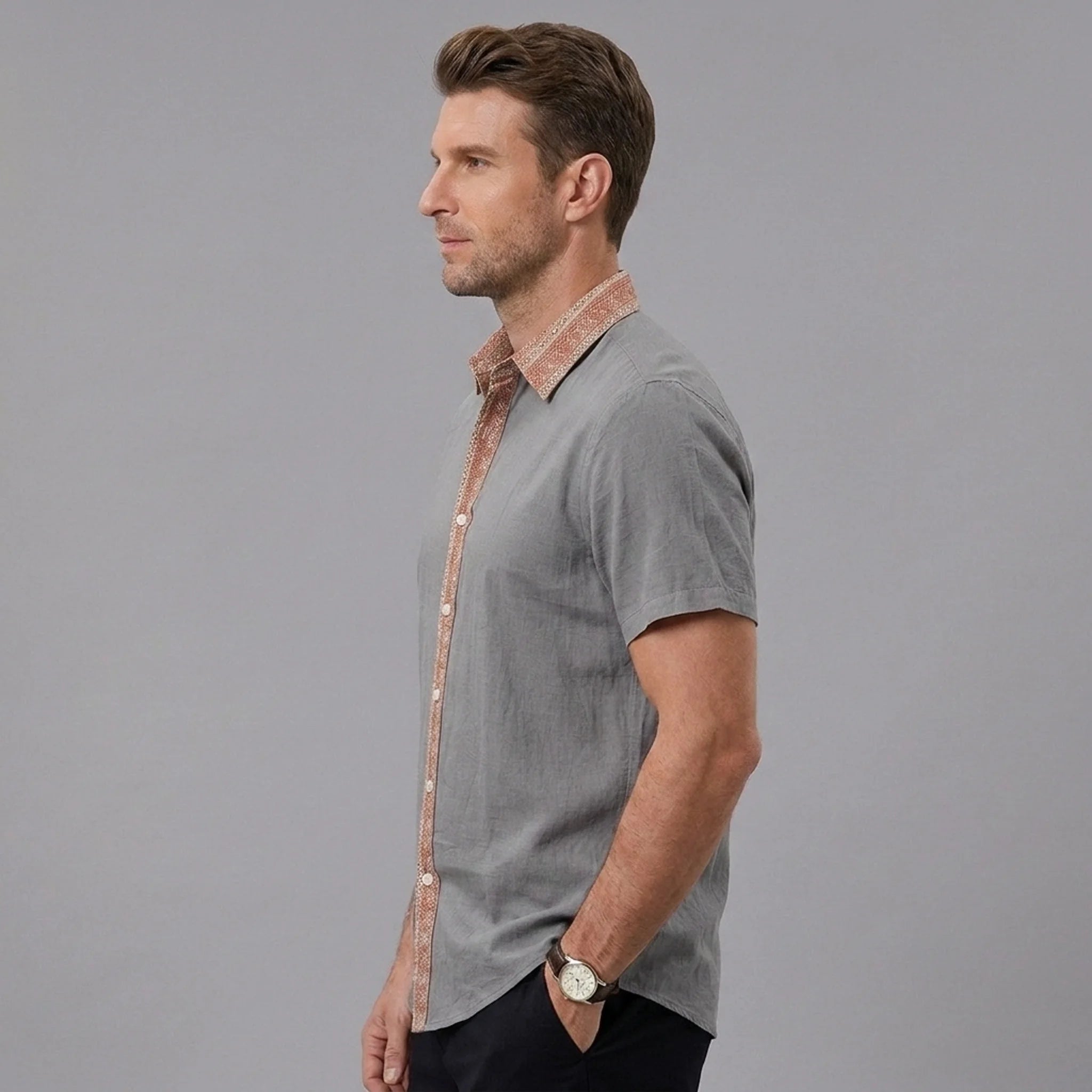 Side view of man in white contrast collar linen blend short sleeve casual shirt