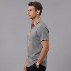 Side view of man in white contrast collar linen blend short sleeve casual shirt