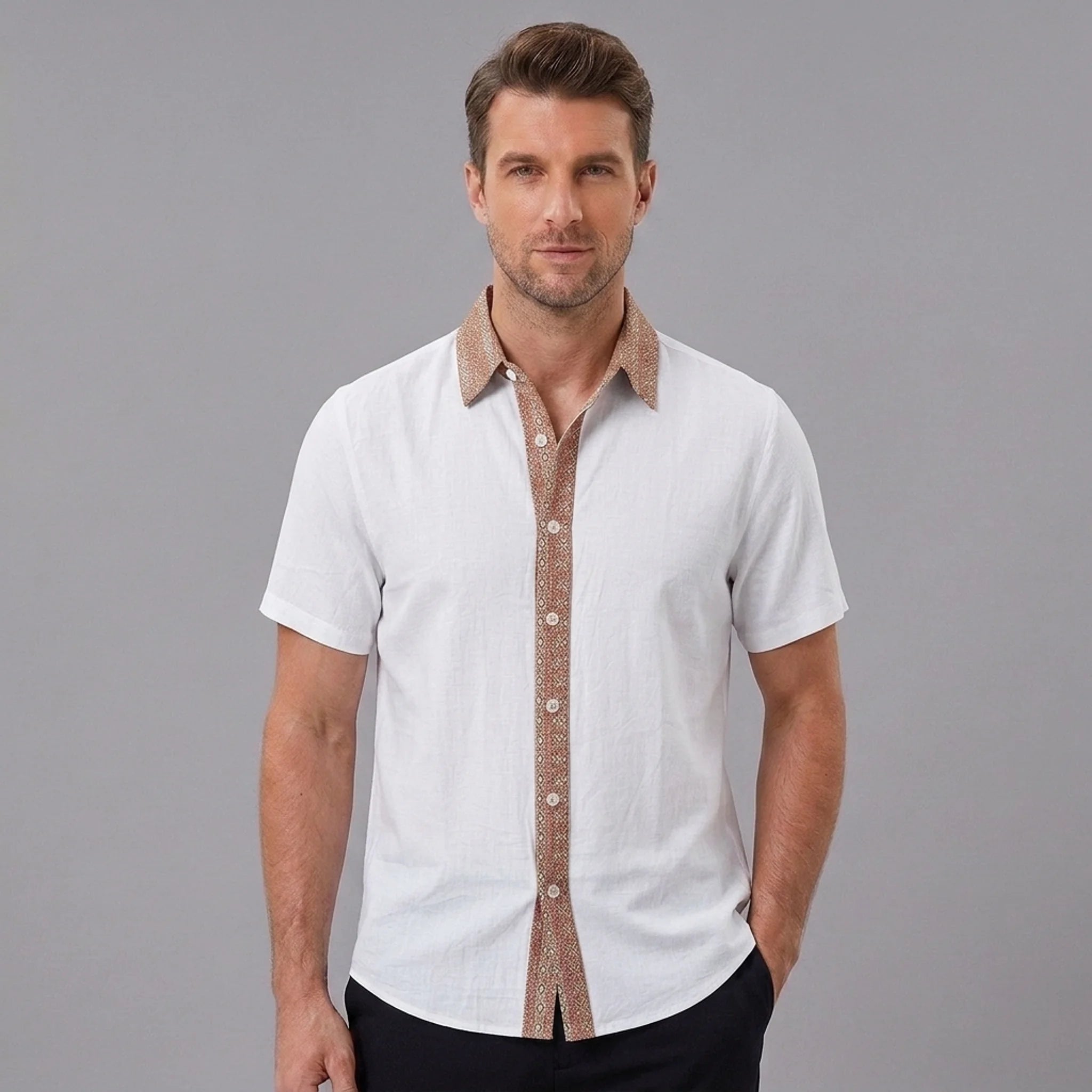 MannerCo white linen blend short sleeve shirt with contrast brown patterned collar and button placket, front view