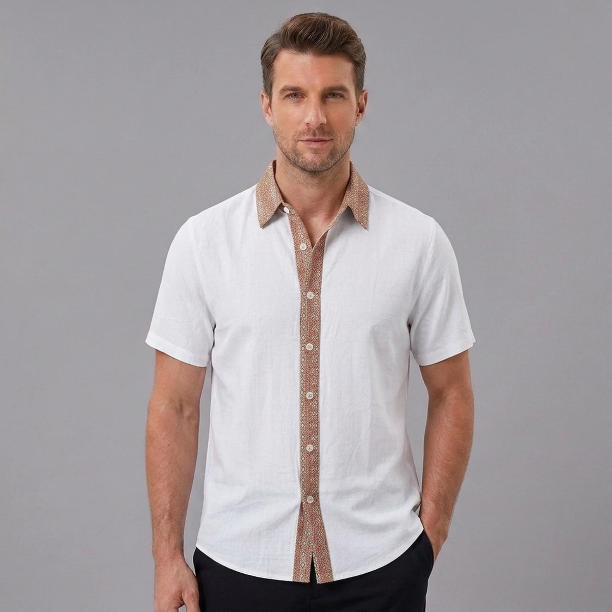 MannerCo white linen blend short sleeve shirt with contrast brown patterned collar and button placket, front view