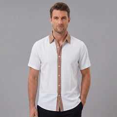 MannerCo white linen blend short sleeve shirt with contrast brown patterned collar and button placket, front view