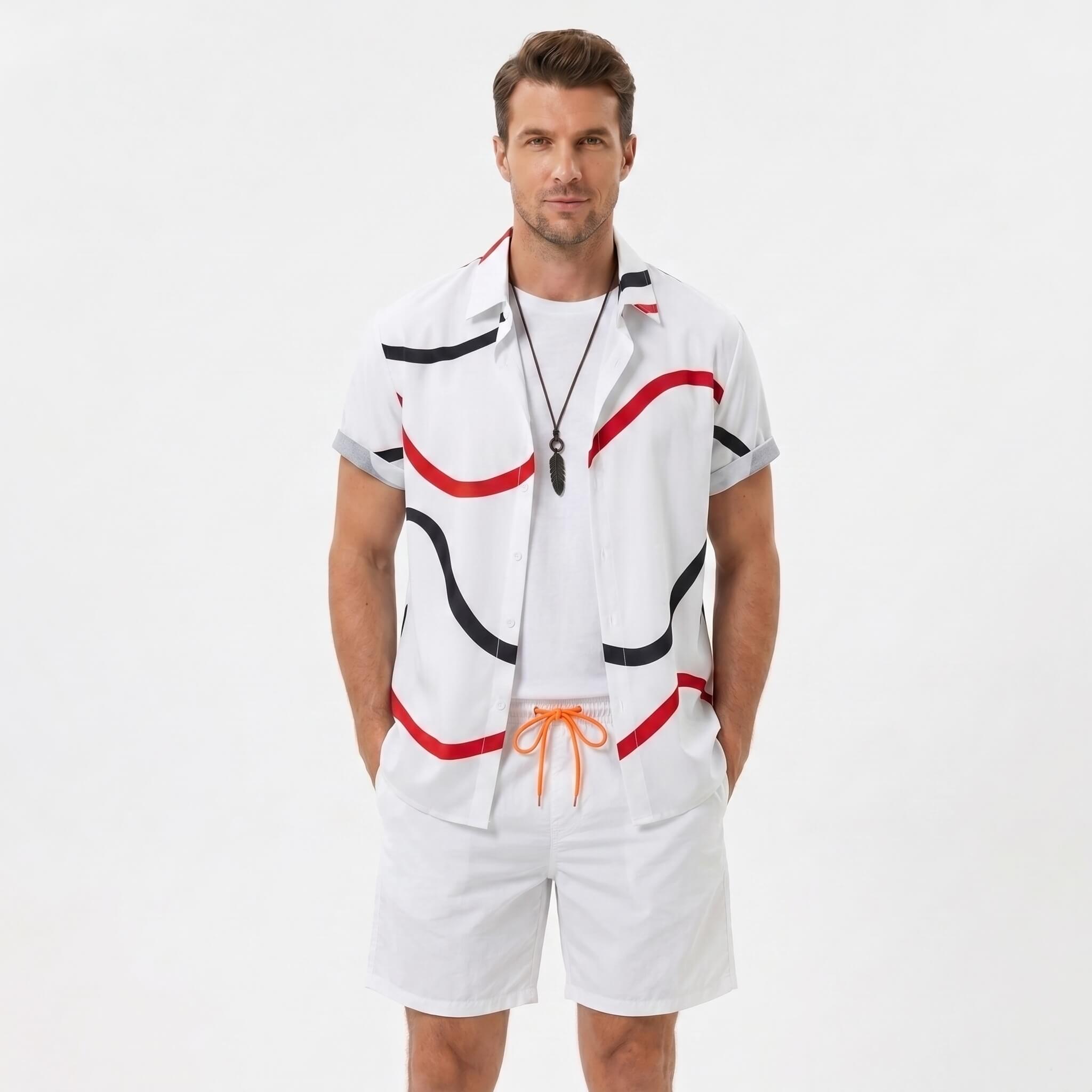 Back view of man wearing white line print button up shirt and swim shorts
