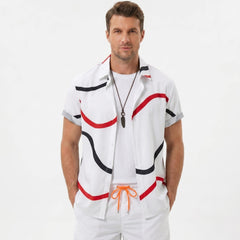Man wearing white line print button up shirt and swim shorts front view on plain background
