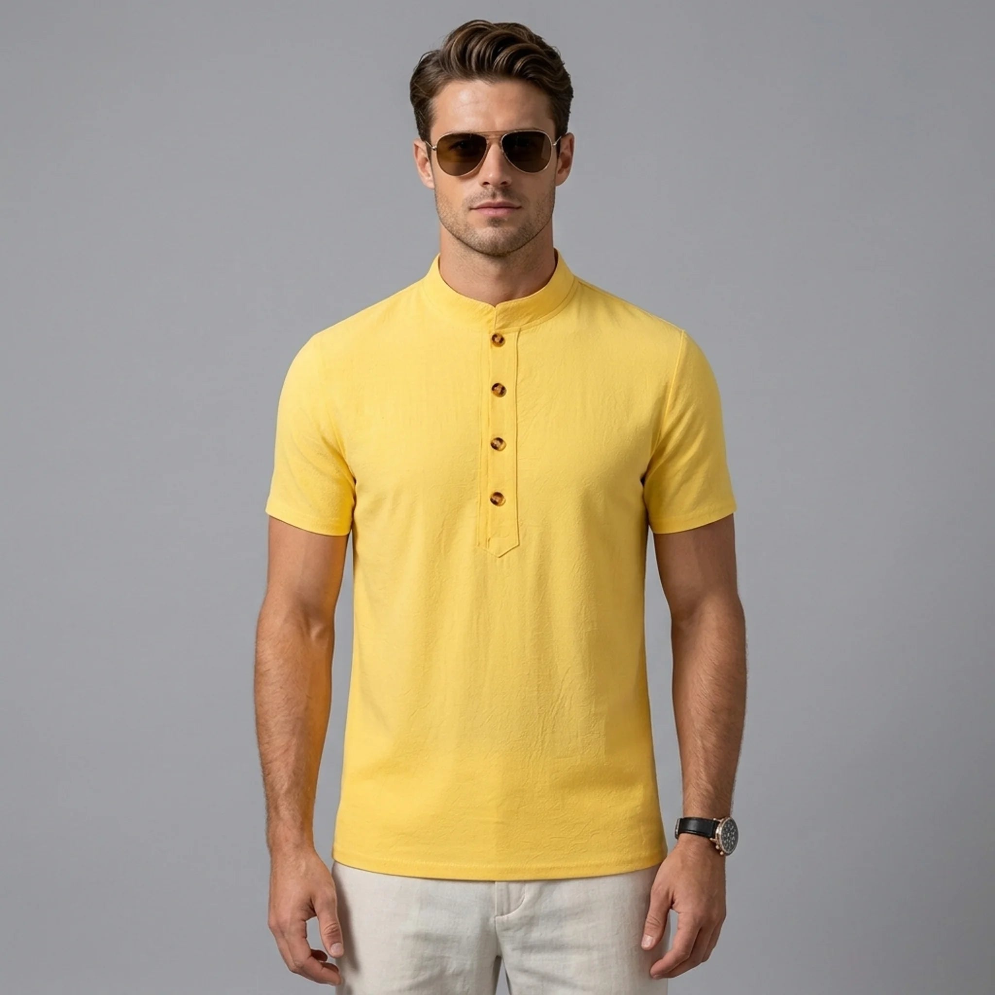 Man wearing white linen jacquard polo shirt in outdoor lifestyle setting