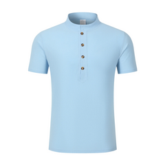 Back view of man wearing white linen jacquard short sleeve polo shirt
