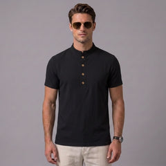 Man wearing a white linen jacquard short sleeve polo shirt front view on plain background