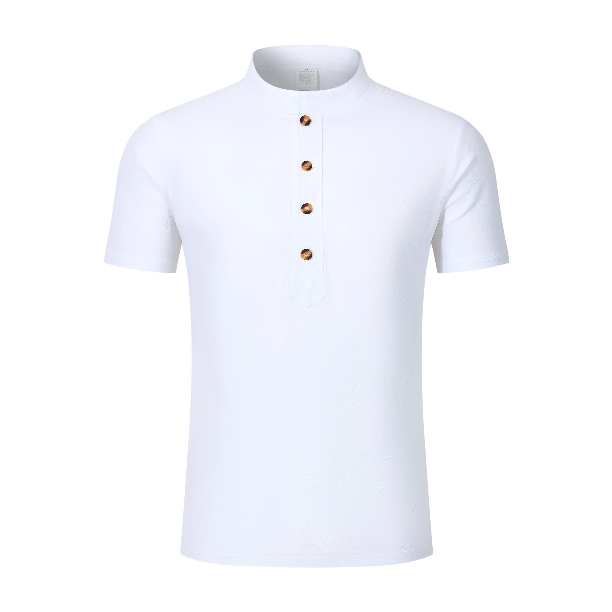 Side view of man in white linen jacquard short sleeve polo shirt