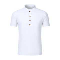 Side view of man in white linen jacquard short sleeve polo shirt