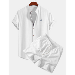 Linen Look Stand Collar Shirt & Crinkle Textured Drawstring Shorts - 2 Piece Summer Outfit