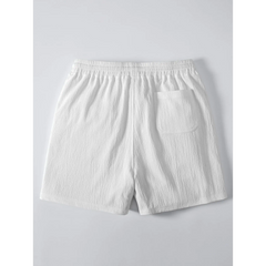 Linen Look Stand Collar Shirt & Crinkle Textured Drawstring Shorts - 2 Piece Summer Outfit