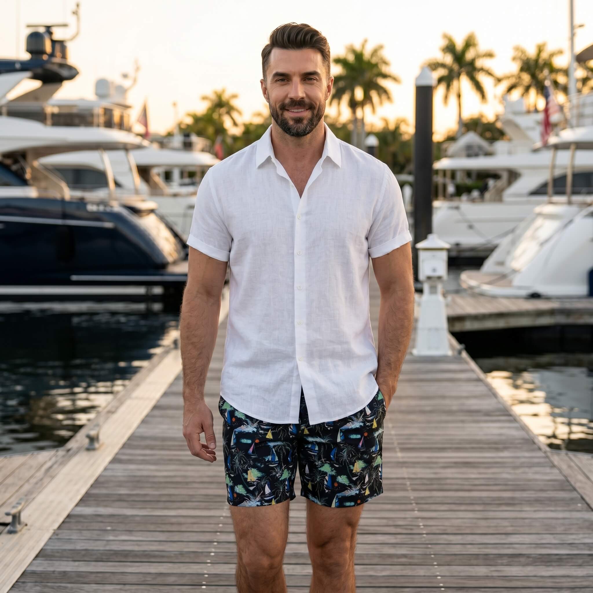 Man in white linen rayon shirt and black palm tree swim shorts in sunny outdoor beach scene