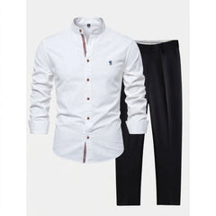 MannerCo white linen stand collar shirt and black slim fit tapered trousers 2-piece set