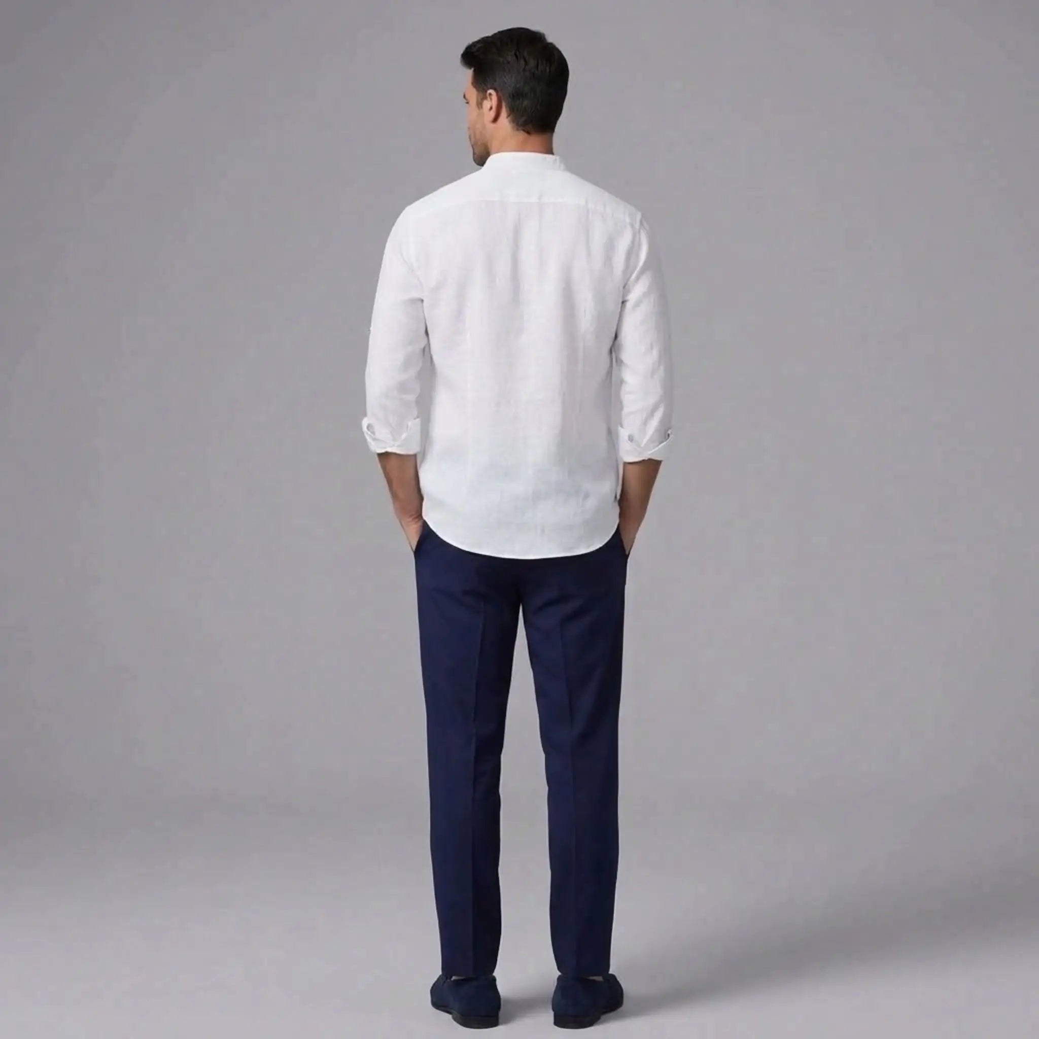 MannerCo white linen stand collar shirt and navy slim fit trousers 2-piece set back view