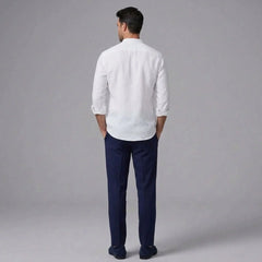 MannerCo white linen stand collar shirt and navy slim fit trousers 2-piece set back view