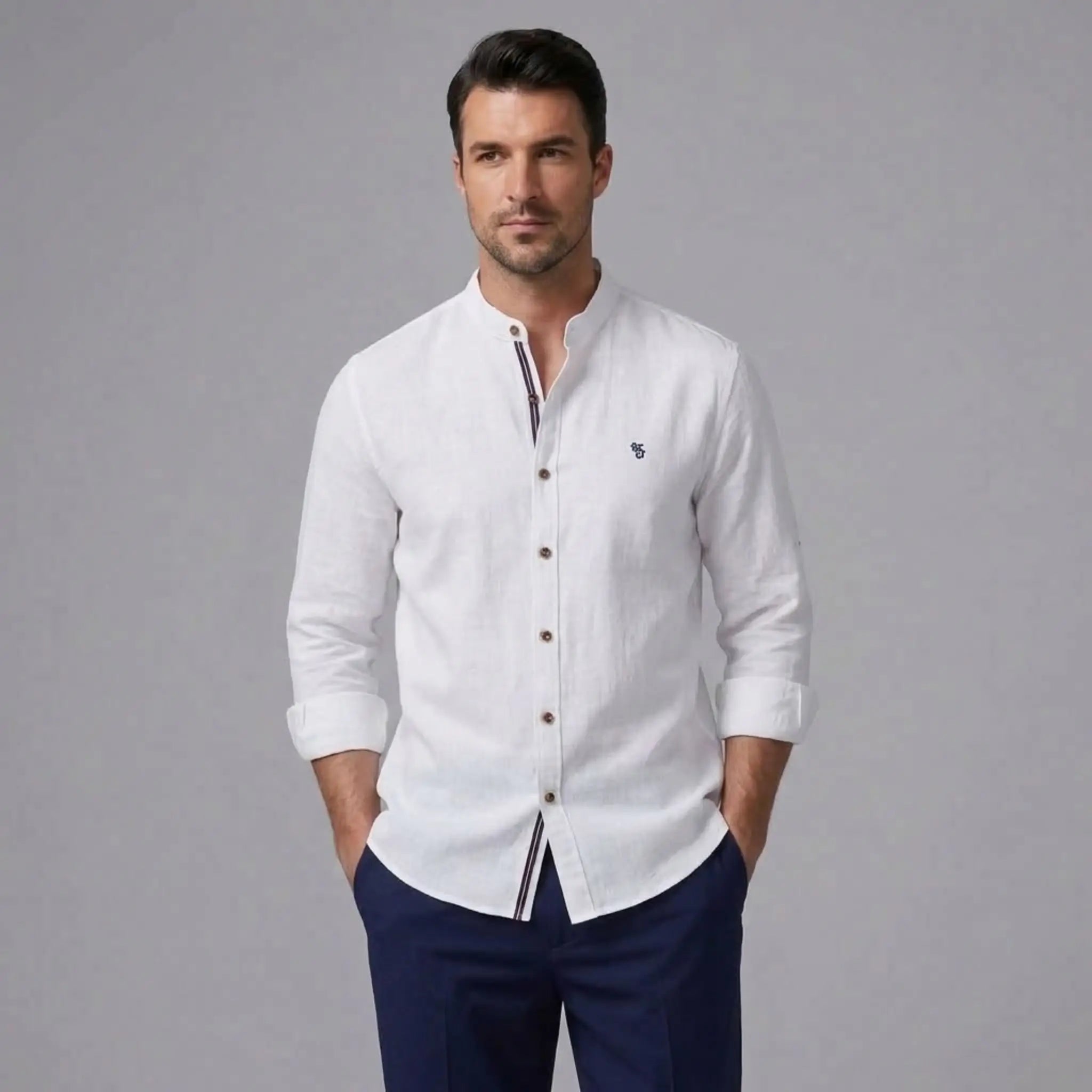 MannerCo white linen stand collar shirt and navy slim fit tapered trousers 2-piece set