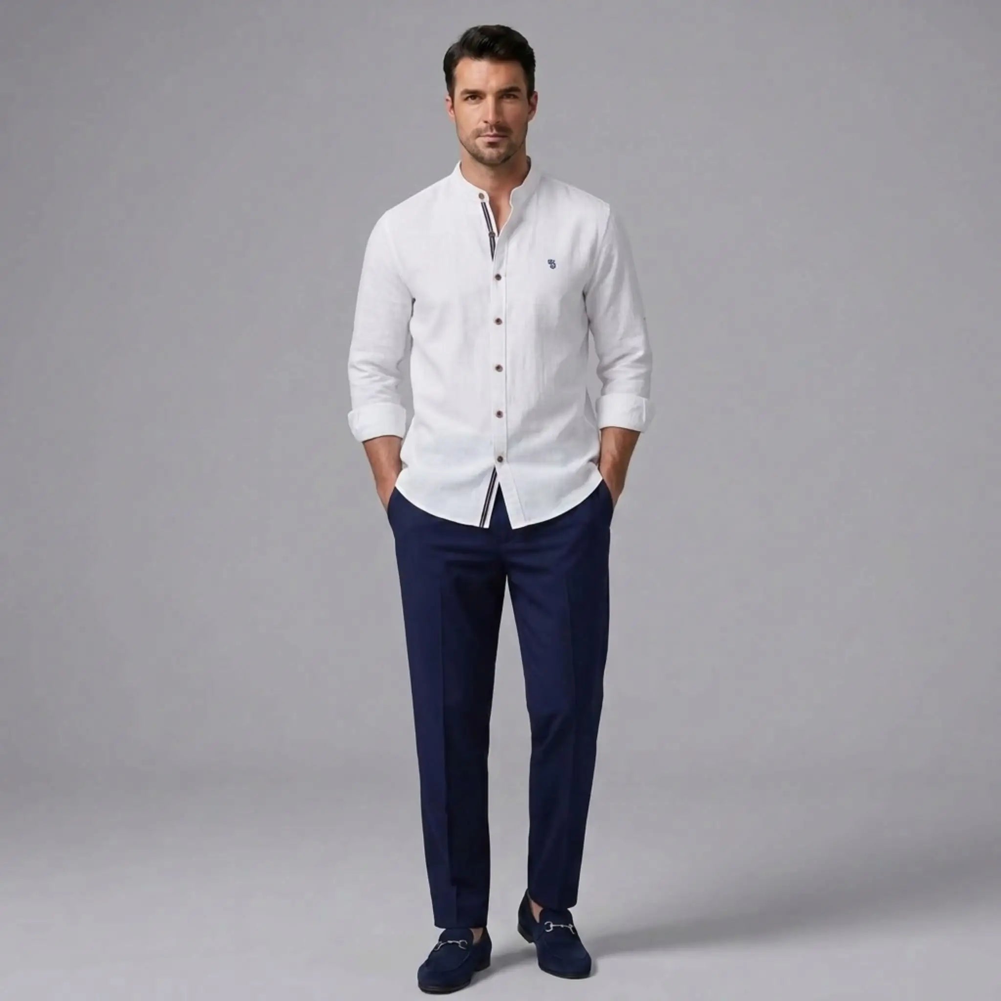MannerCo white linen stand collar shirt and navy slim tapered trousers 2-piece set front view
