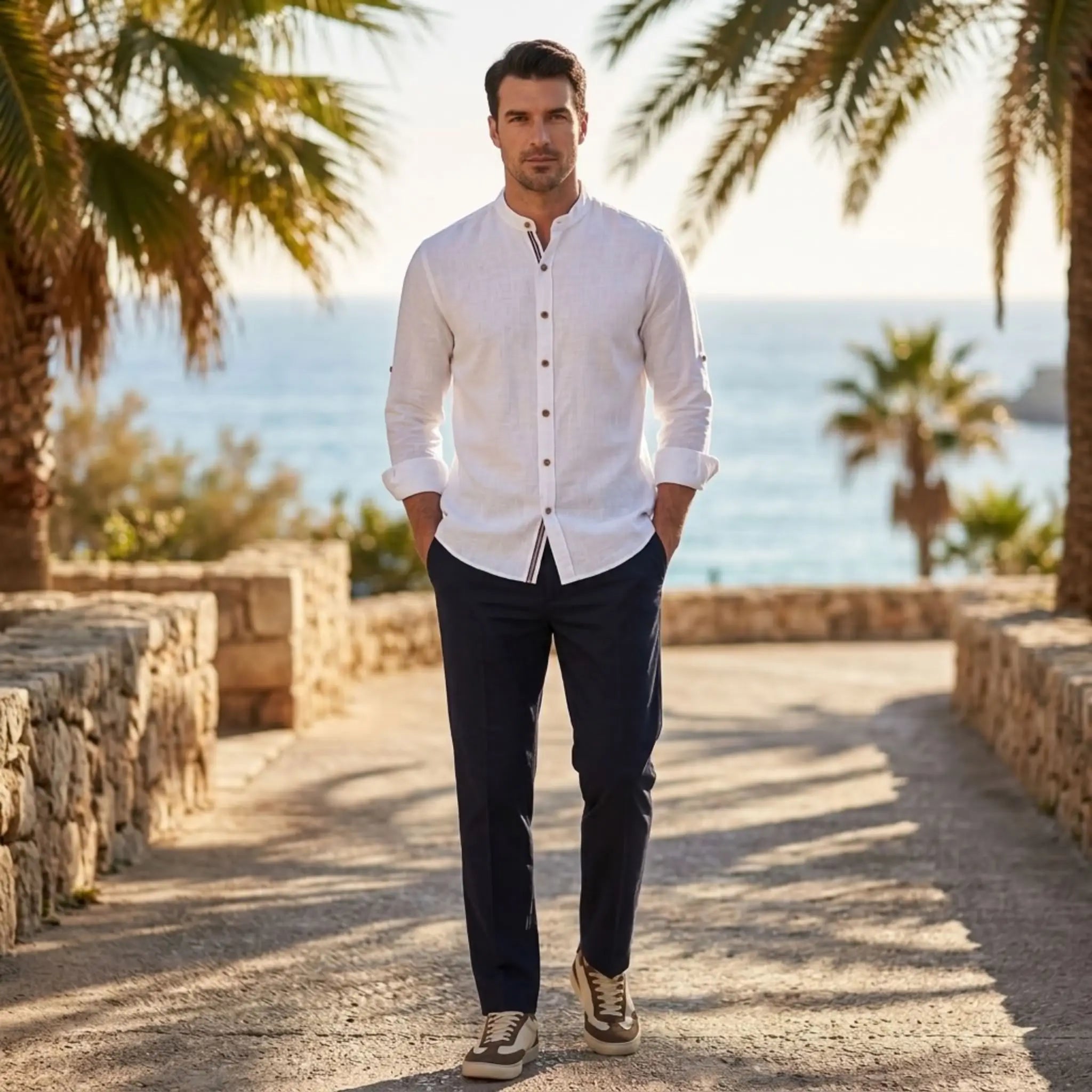 MannerCo white linen stand collar shirt and navy slim tapered trousers 2-piece set worn outdoors