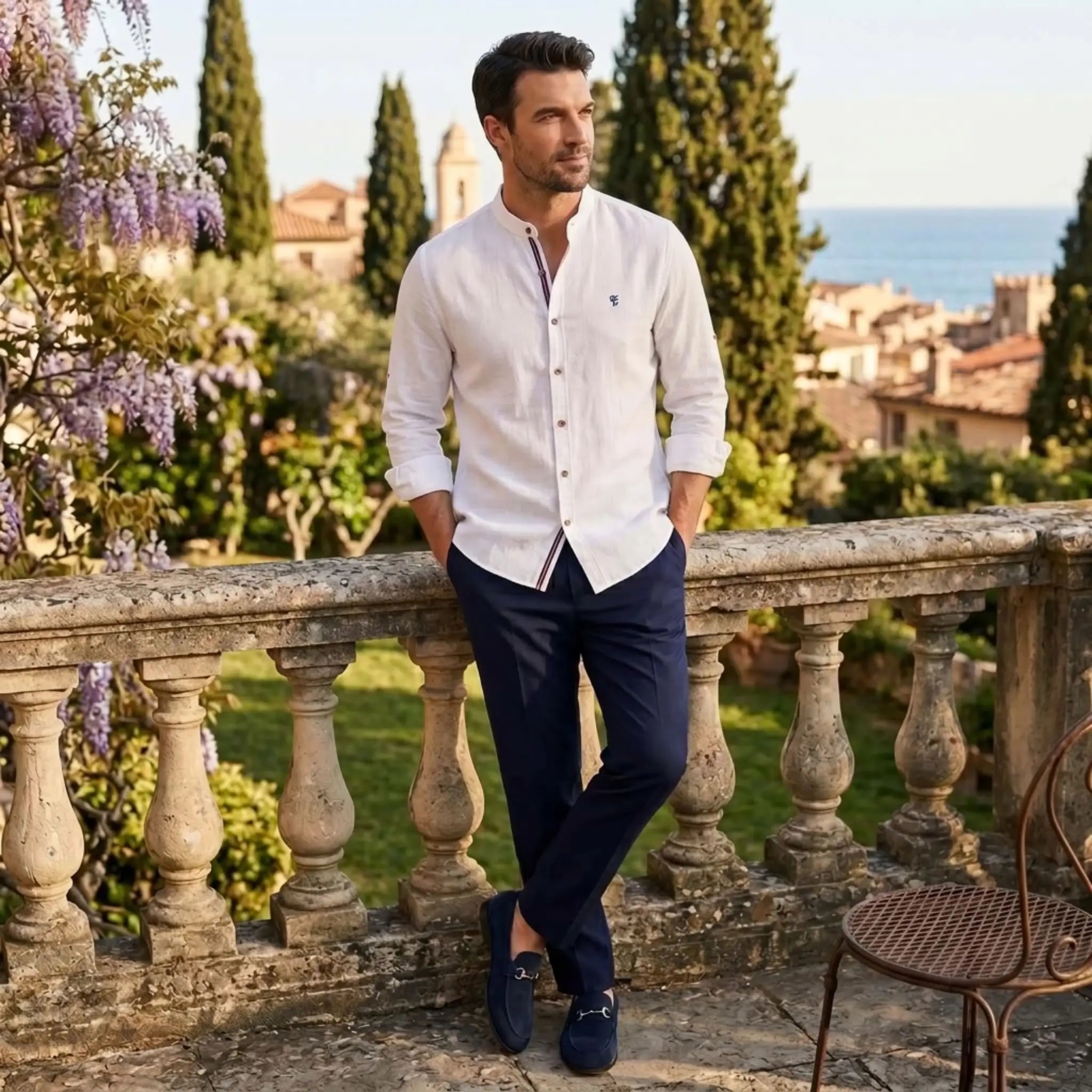 MannerCo white linen stand collar shirt and navy slim fit tapered trousers 2-piece set worn outdoors