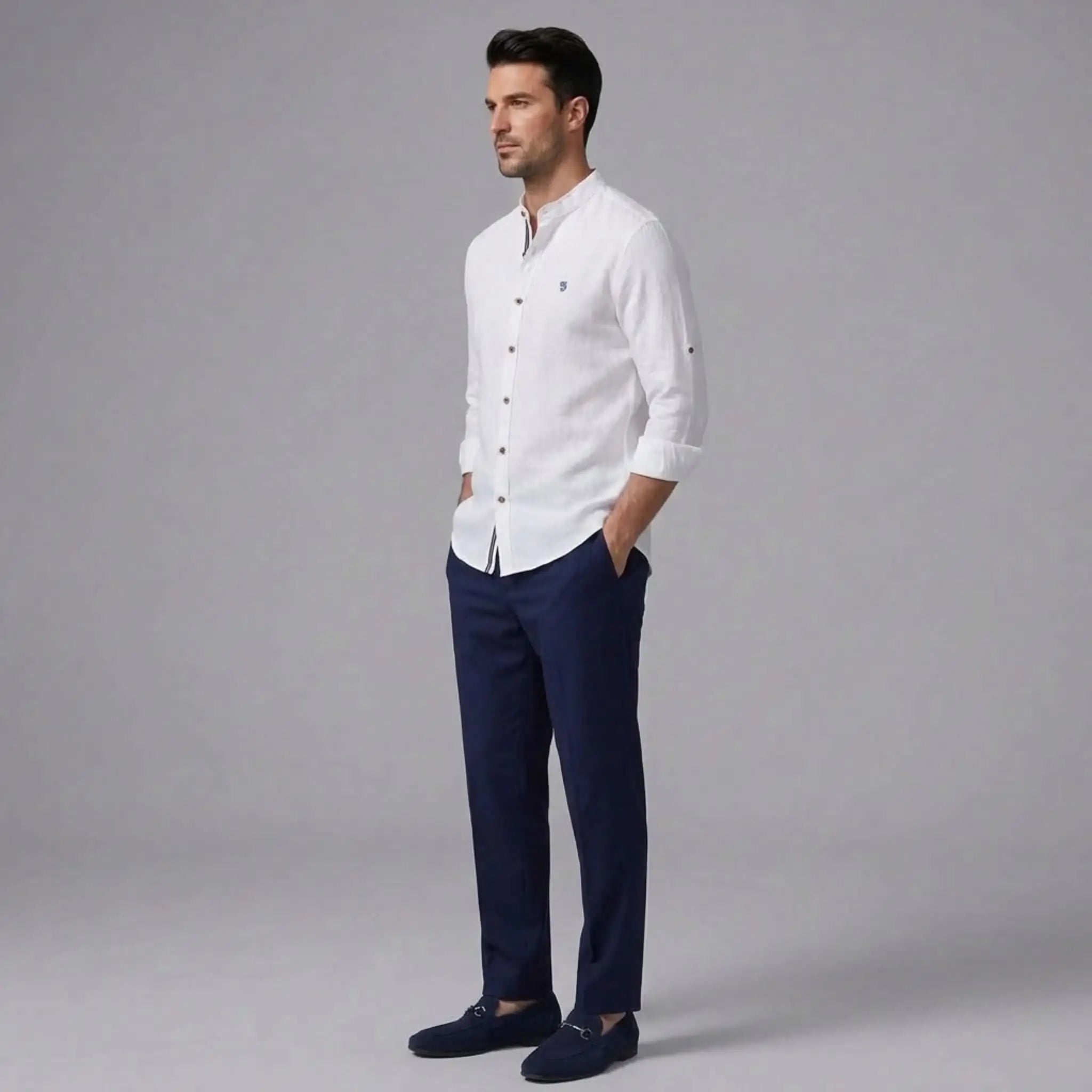 MannerCo white linen stand collar shirt and navy slim fit tapered trousers 2-piece set side view
