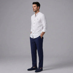 MannerCo white linen stand collar shirt and navy slim fit tapered trousers 2-piece set side view