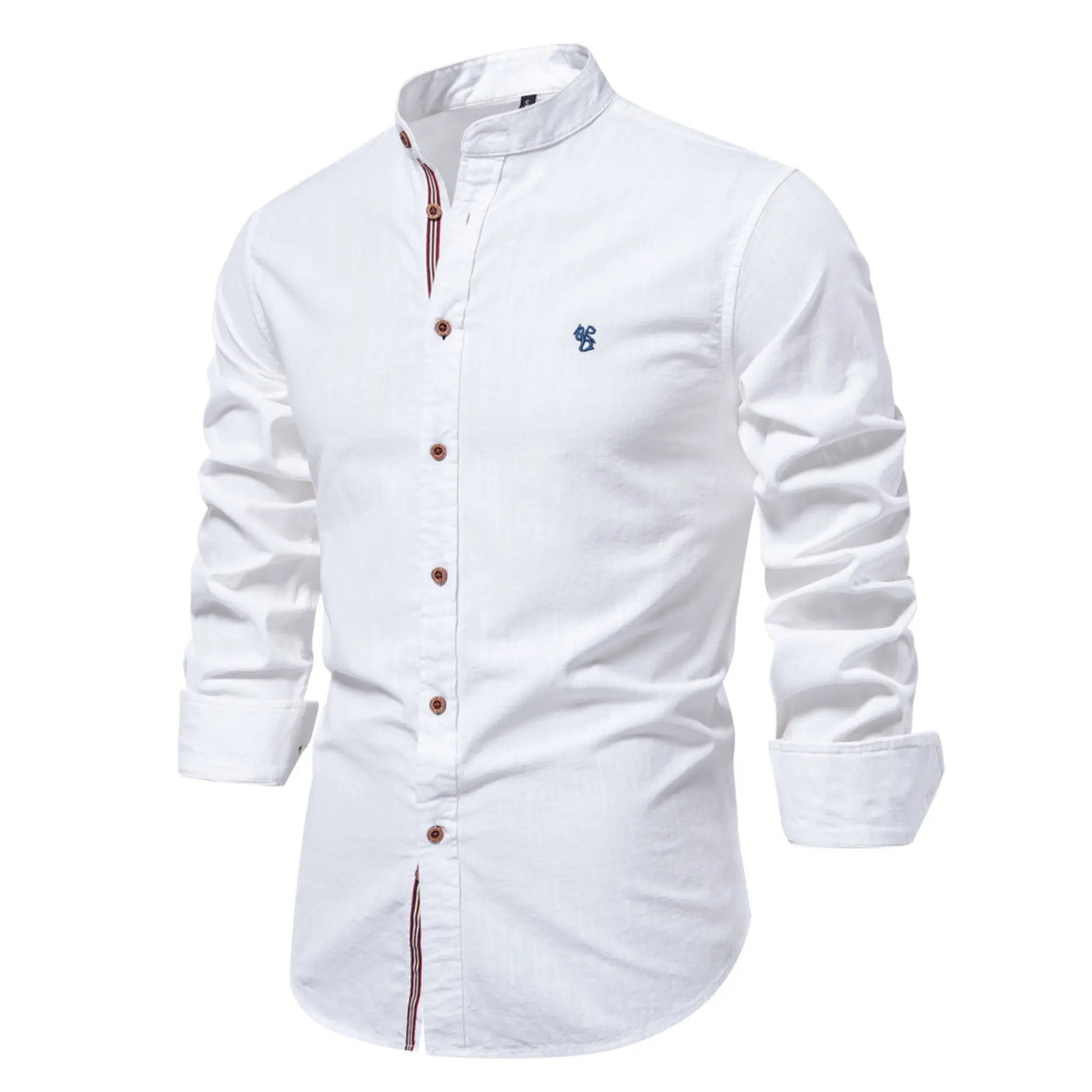 MannerCo white linen stand collar long sleeve shirt slim fit button-up with brown buttons