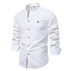 MannerCo white linen stand collar long sleeve shirt slim fit button-up with brown buttons