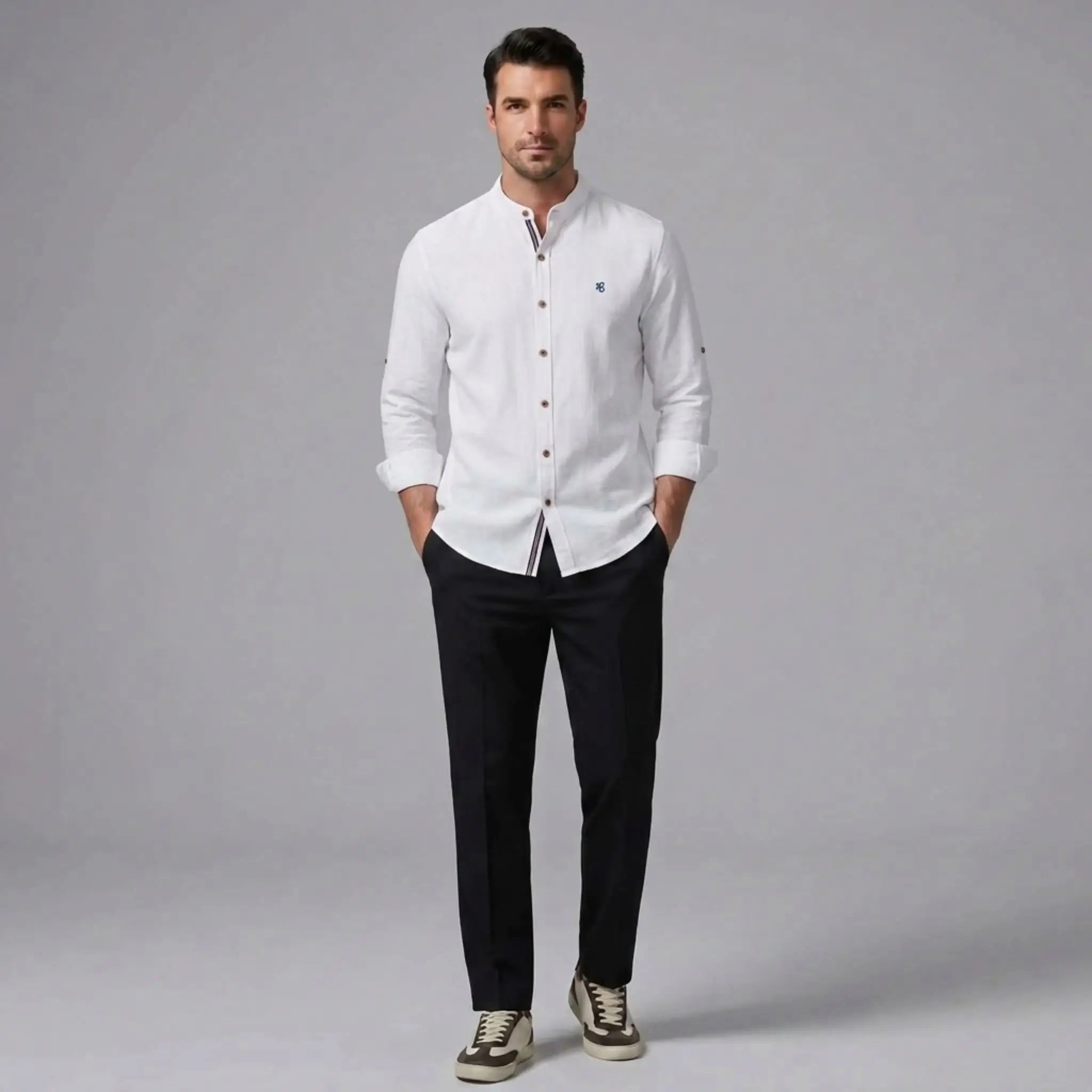 MannerCo white linen stand collar shirt and slim tapered trousers 2-piece set front view