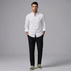MannerCo white linen stand collar shirt and slim tapered trousers 2-piece set front view