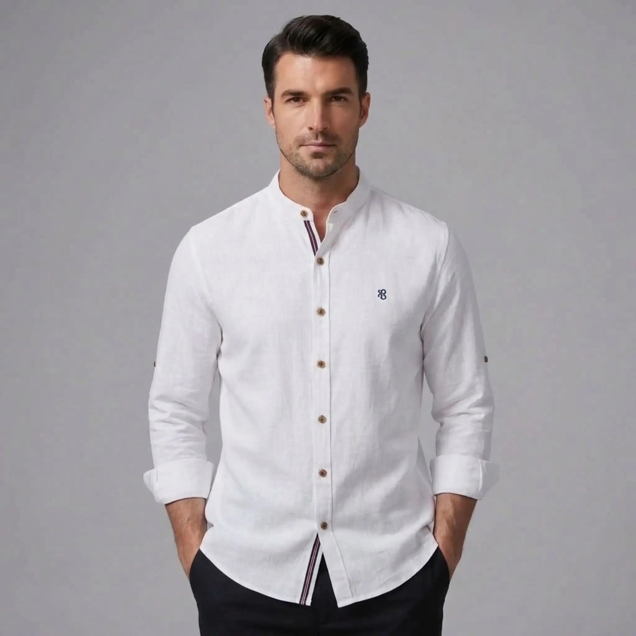 MannerCo white linen stand collar shirt with slim fit tapered trousers 2-piece set front view