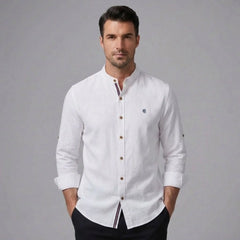 MannerCo white linen stand collar shirt with slim fit tapered trousers 2-piece set front view