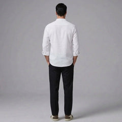 MannerCo white linen stand collar shirt with slim tapered trousers set back view