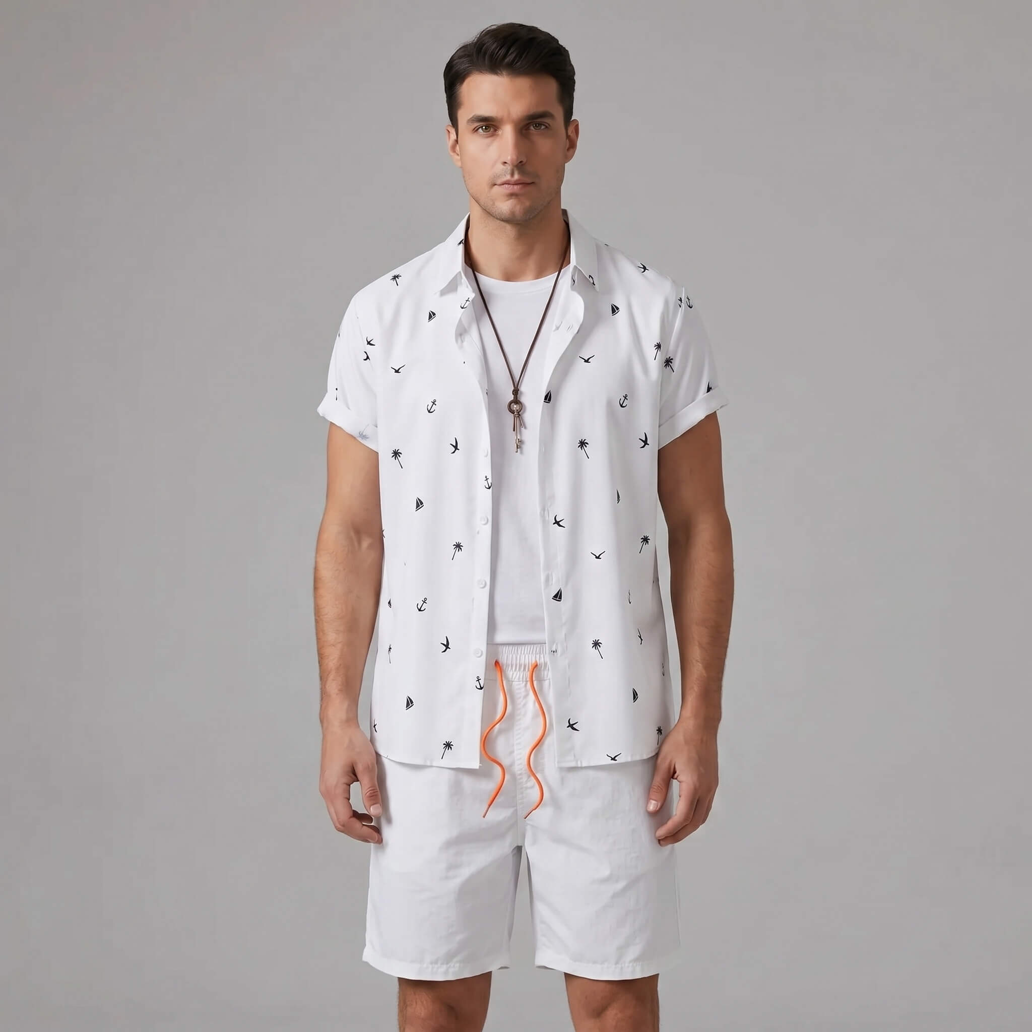 Man wearing a white palm tree anchor sailboat print button up shirt and swim shorts front view