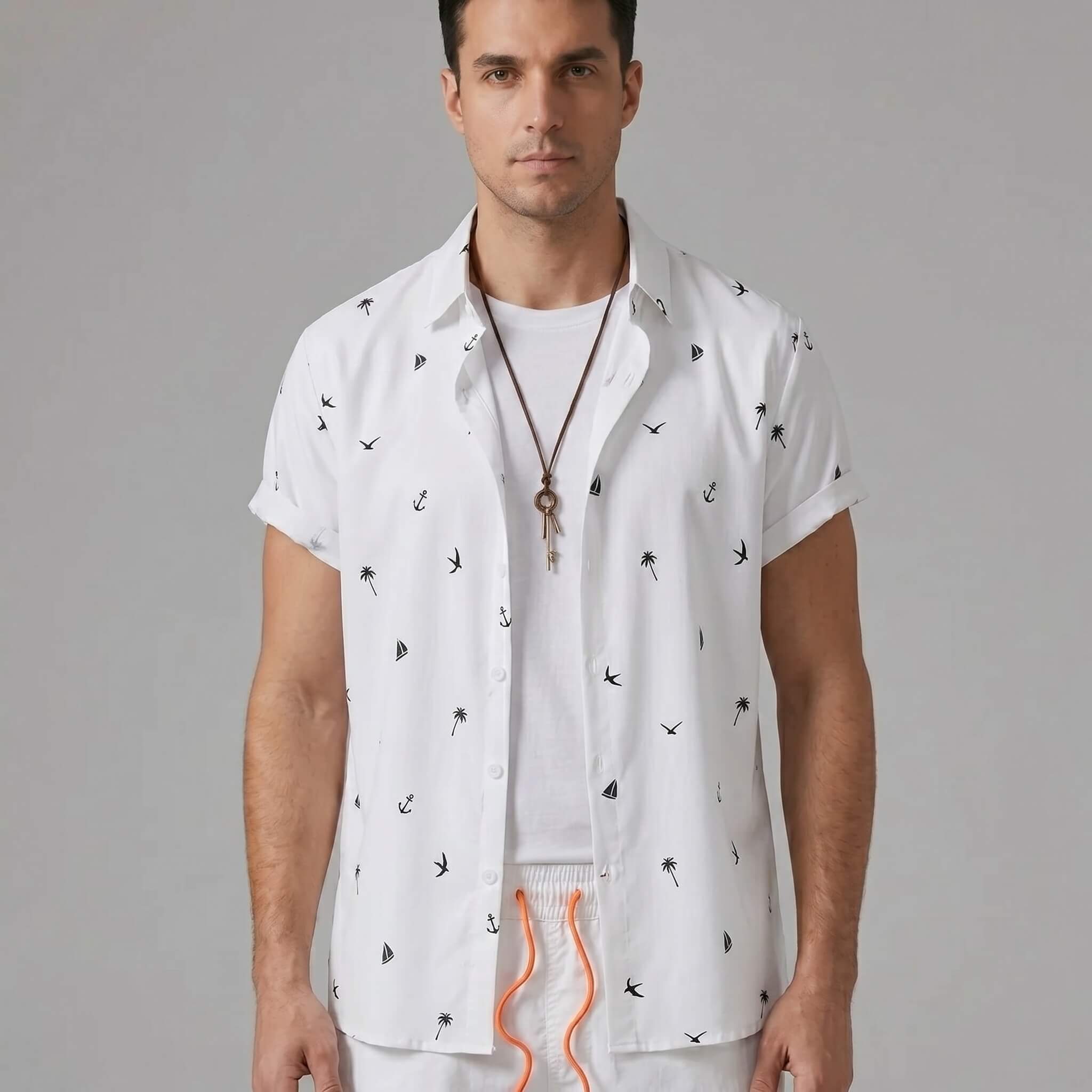 Three quarter view of man in white palm tree anchor sailboat print shirt and swim shorts