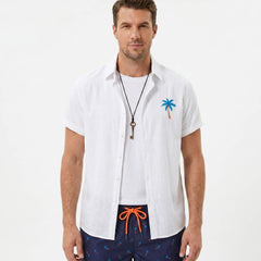 Three quarter view of man in white palm tree print linen look shirt and swim shorts on plain background