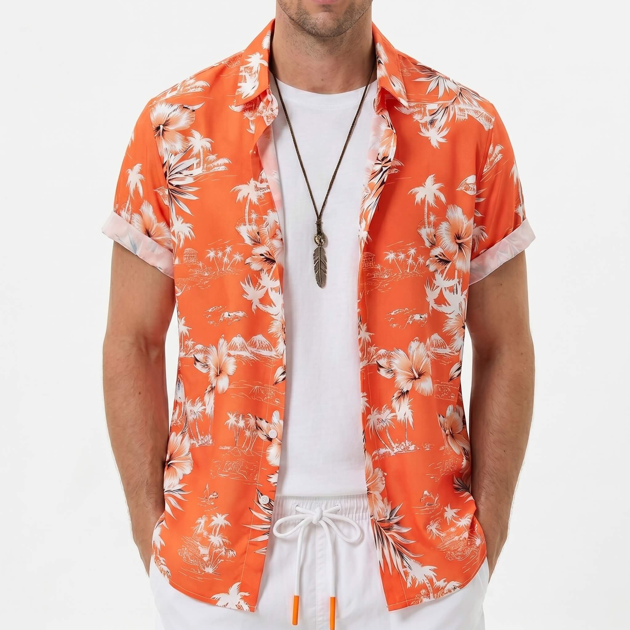 Back view of man wearing white palm tree tropical print button up shirt and swim shorts