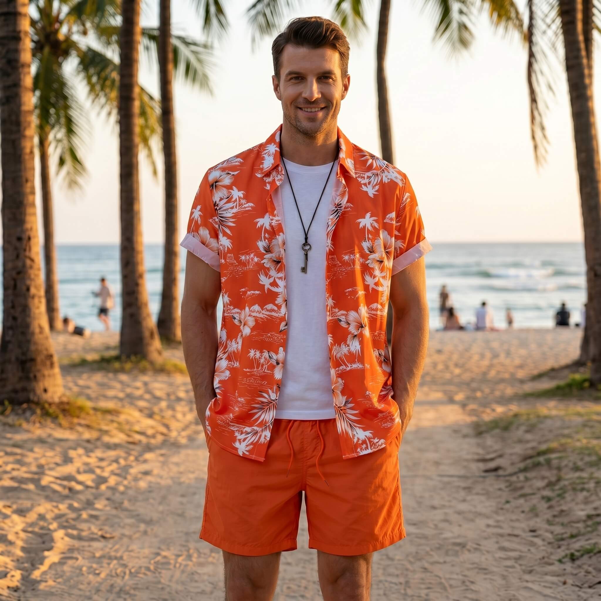 Man wearing white palm tree tropical print shirt and swim shorts in coastal summer lifestyle scene