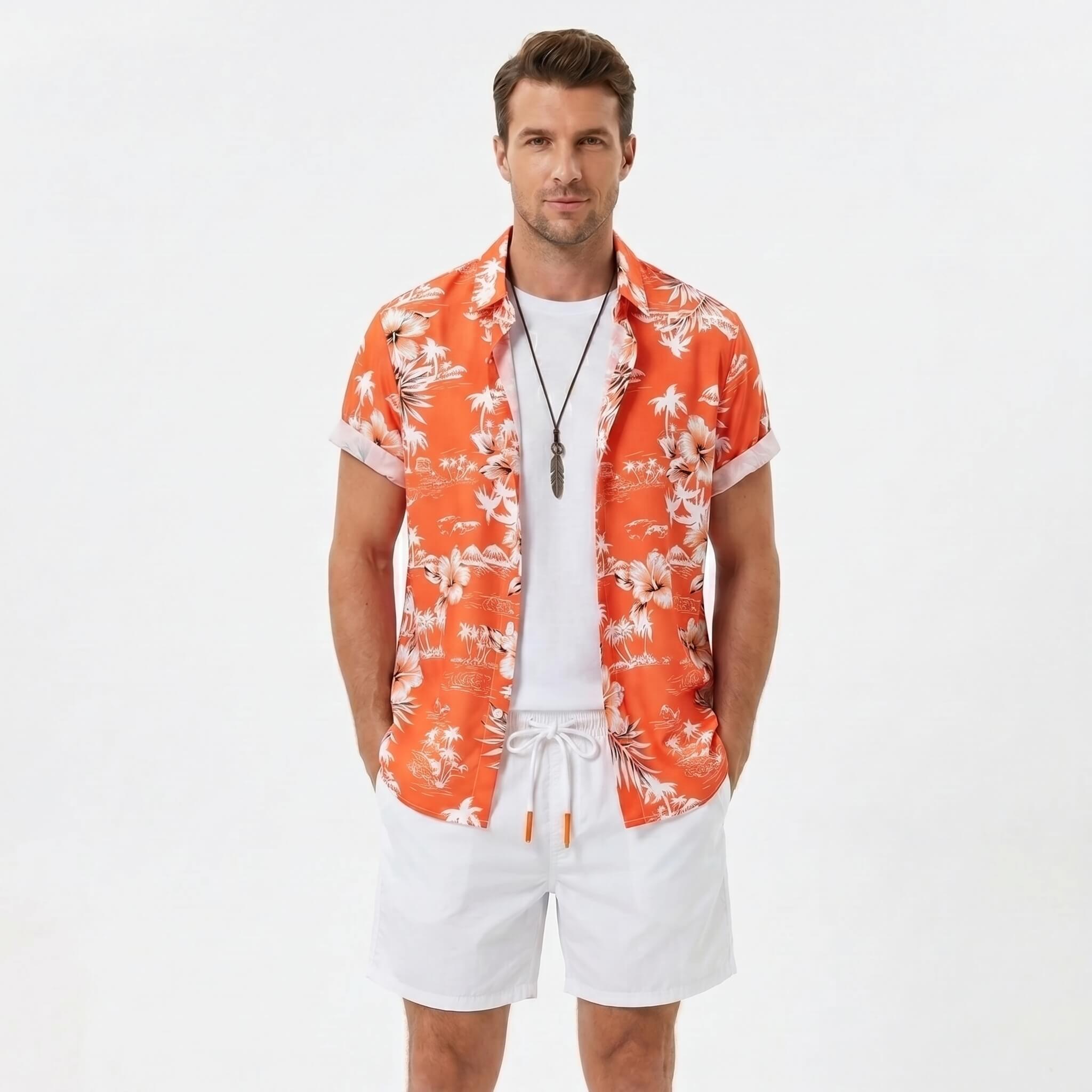 Man wearing a white palm tree tropical print button up shirt and swim shorts front view on plain background
