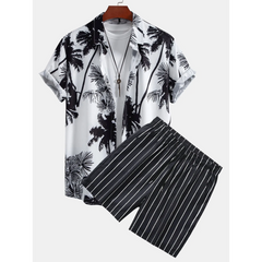 Palm Print Shirt & Striped Swim Shorts Set – Summer Outfit