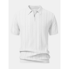 Stripe Jacquard Knit Zip-Up Polo Shirt | Smart Casual Short Sleeve
