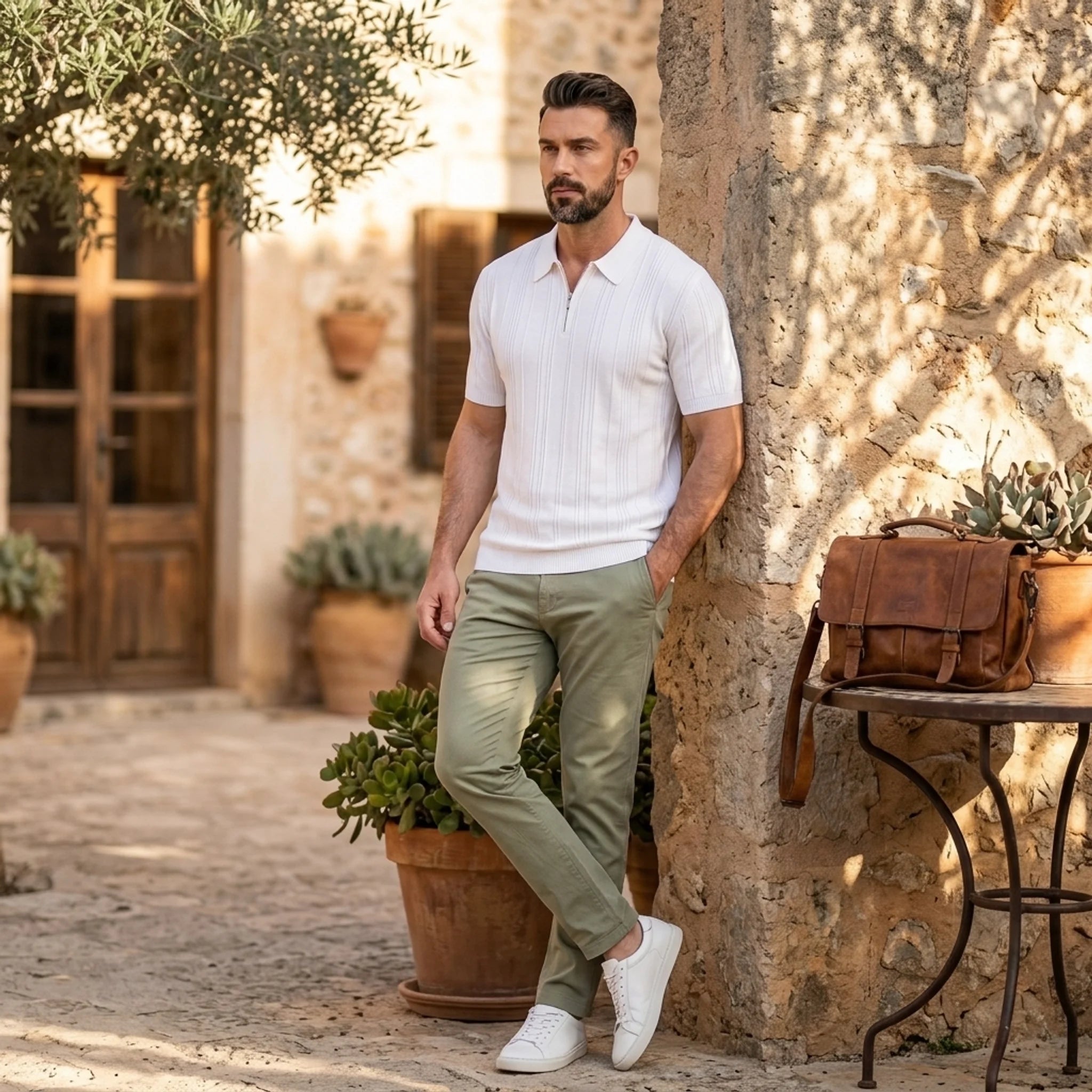 Side view of man in white stripe jacquard knit zip-up polo shirt on plain background