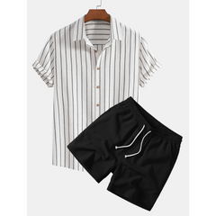 Striped Cotton Blend Button Up Shirt & Crinkle Textured Drawstring Shorts - 2 Piece Summer Outfit
