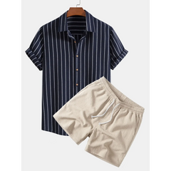 Striped Cotton Blend Button Up Shirt & Crinkle Textured Drawstring Shorts - 2 Piece Summer Outfit