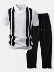 Man wearing white striped knit Johnny collar polo and waffle drawstring pants in outdoor lifestyle setting